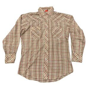Vintage Pamida Beige Red Plaid Western Pearl Snap Button Shirt Long Sleeve Sz M